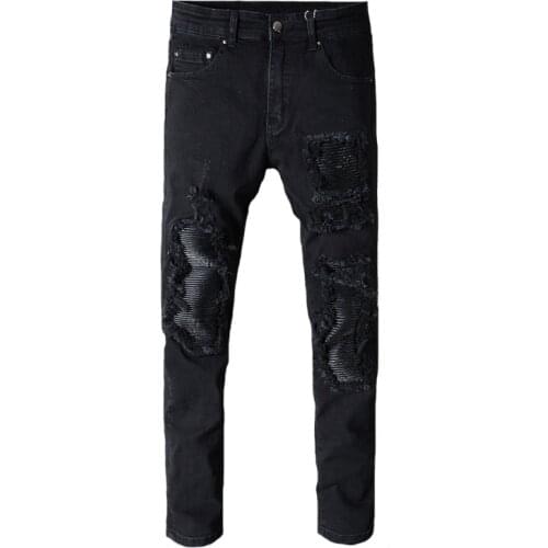 American Street Fashion Men Jeans Black Color Elastic Slim Fit Ripped Jeans Men Leather Patch Designer Hip Hop Denim Punk Pants