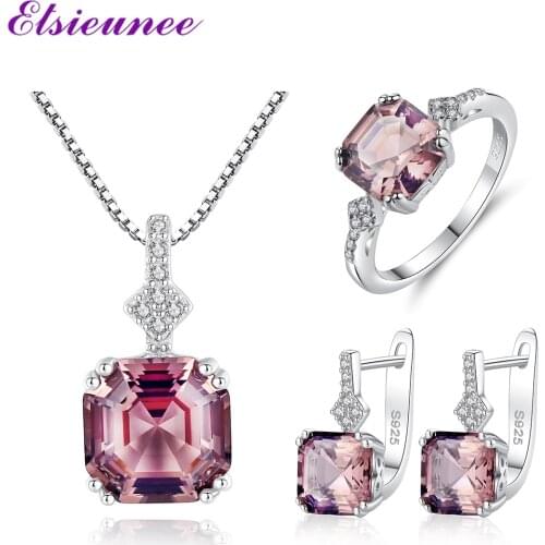 ELSIEUNEE 100% 925 Sterling Silver Morganite Necklace/Earrings/Ring Bridal Jewelry Sets Women Wedding Fine Jewelry Drop Shipping
