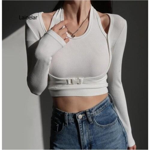 2 Pieces Set Women Sexy Tops Kintted Long Sleeve Crop Top T Shirt Halter Woman Tshirts Black White Elastic Slim