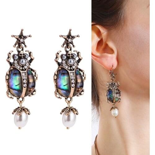 Colorful Gemstone Alloy Diamond Retro Seven-star Ladybug Pearl Earrings Insect Earring for Women 2021 Jewelry