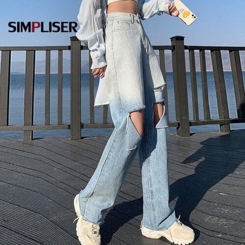 Trendy Women Jeans Pants High Waist Ripped Jeans Trousers High Waist Ladies Boyfriend Style Loose Jeans Trouser 2021 High Street