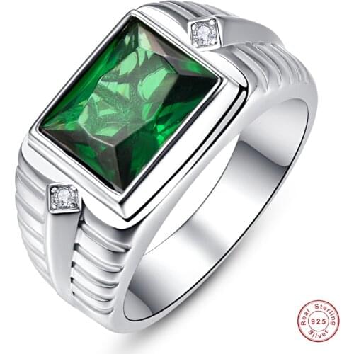 925 Sterling Silver Mens Rings High Quality Emerald White Cubic Zirconia Wedding Ring Square Green Zircon Mens Ring