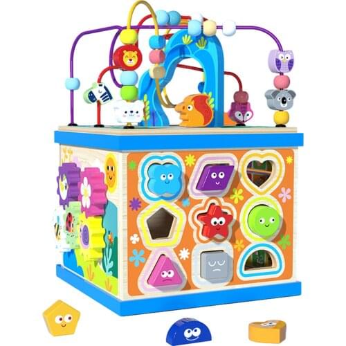 Montessori Educational Toy Wooden Multipurpose Activity Cube Center Toys for Baby Cognitive Color and Shape Funny Birthday Gift