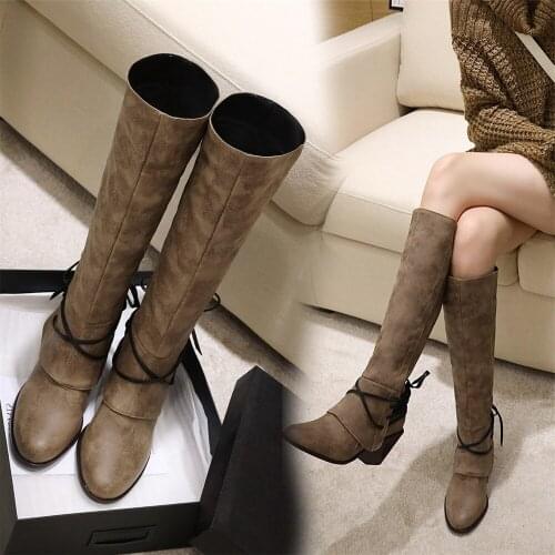 Autumn Winter NEW Women Shoes Long Knee-High Boots Round Toe Cross straps Square Heels Knight boots Botas de mujer size 34-43