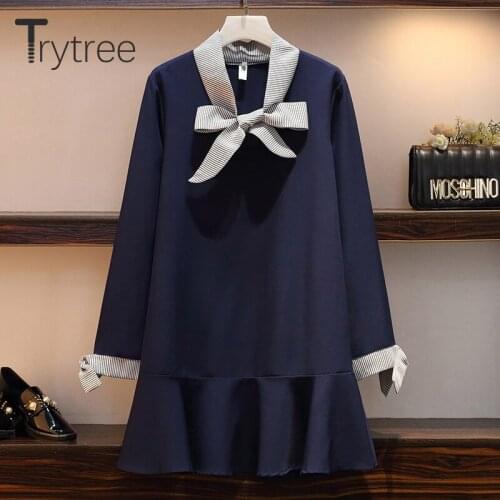 Trytree Autumn Women Dress Polyester Casual Bow Striped Patchwork Ruffles Hem Dresses Office Lady Knee-Length A-line Loose Dress
