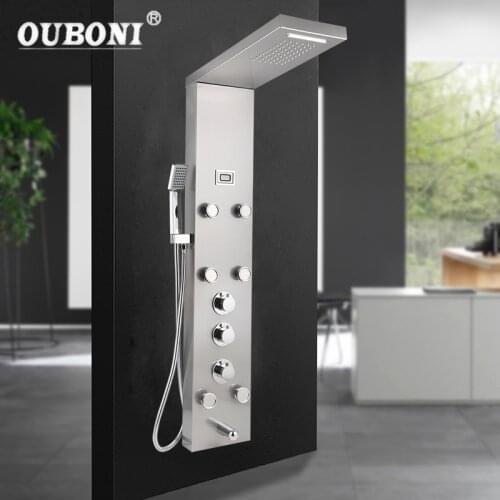 OUBONI Nickel Brushed Digital Display Shower Panel Column Rain Waterfall Shower Spa Jets Bath Shower Mixer Faucet Golden Black