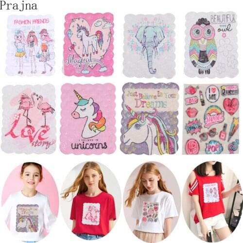 Prajna Fashion Hippie Love Unicorn Flamingo Patches Embroidered Sequin Patch Sew On Stickers Patches For Clothes Fabric Applique