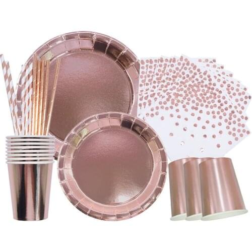 Rose Gold Party Supplies Disposable Tableware Cup Plates Napkins Paper Straws Baby Shower Party Decor Wedding Hen Night Supplies