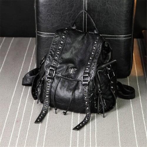 FIRMRANCH 2021 Womens New Rivet Soft Leather Washed Travel Backpack Sheepskin Student Girl School Bag рюкзак женский