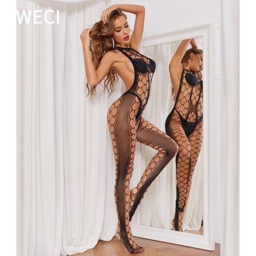 WECI Sexy Women Erotic Catsuit Fishnet Jumpsuit Underwear Open Crotch Bodysuit Lingerie Sensual American Apparel Clothes For Sex
