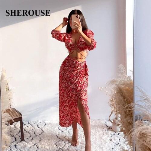 SHEROUSE Women Two Piece Set Floral Printed Crop Top Blouse Casual Midi Long Skirt Summer Chic Lady Outfit Dress Sets Suits