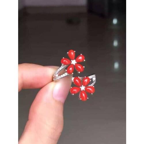 Luxurious Elegant Flower Natural red coral gem Ring S925 Silver Natural Gemstone Ring Womens wedding party gift fine Jewelry