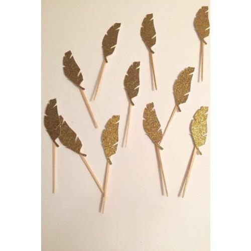 Gold glitter Feather Cupcake Toppers birthday Wedding Bridal baby Shower Engagement Party Bachelorette food picks