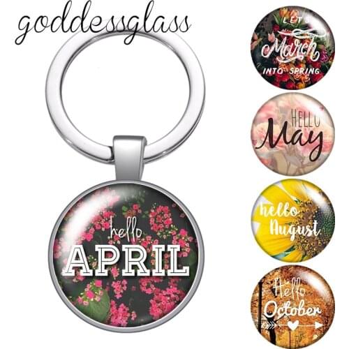 12 month Beauty images April May June Round glass cabochon keychain Bag Car key chain Ring Holder Charms keychains for gift