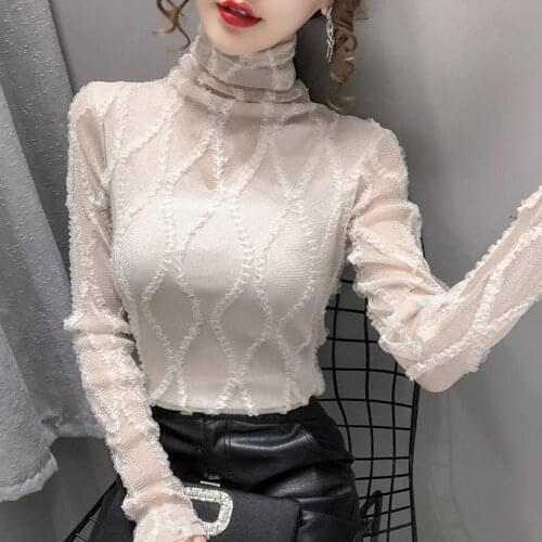 2021 spring new all-match high-neck western net yarn chiffon bottoming shirt with women