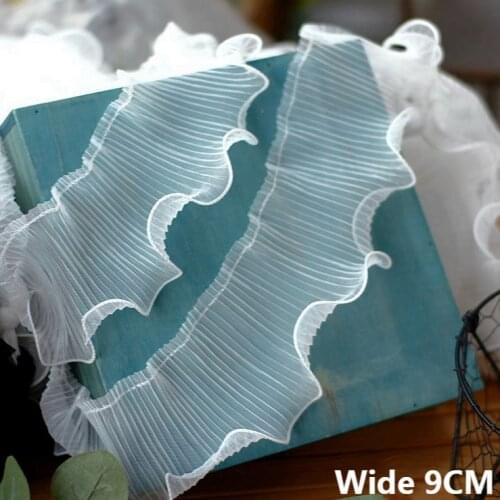 9CM Wide Tulle White Black Mesh Pleated Fringe Ribbon Lace Collar Cuffs Elastic Ruffle Trim Wedding Dress Hats Bags Sewing Decor