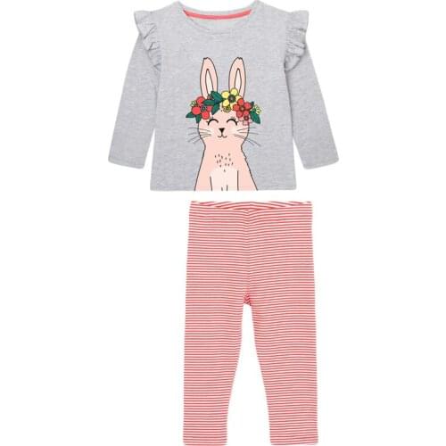 Childrens Sets Autumn Cotton Baby Girl Clothes Toddler Set Brand Long Sleeve Bunny Print Gray Shirt + Red Striped Pants 2Y0057