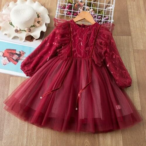 Girl Cute Costume 2021 Spring Clothes Children Mesh Cotton Party Dress with Lantern Sleeve Princess Ball Gown