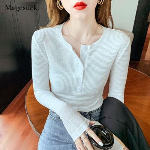 Elegant Women 2021 Autumn Cotton White T-shirts Solid O-neck Long Sleeve Elastic Tops Button Sexy Style Slim Blouse Blusas 15916