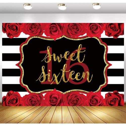 Red Rose Black White Striped Lines Sweet 16 Photo Background Girl Princess Birthday Backdrops Photography Customize Name Age