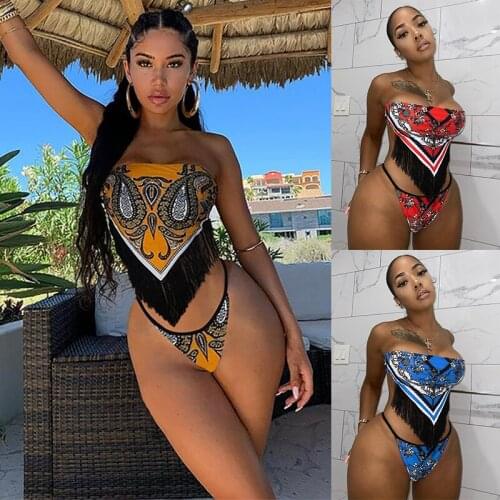 Hirigin Summer Women Sexy Swimwear Bikini Set Floral Print Strapless Off Shoulder Tassles Bikini Tank Tops Thong Bikini Sets
