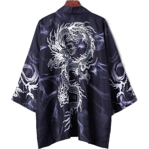 2021 Japanese Style Black Kimono Streetwear Men Women Cardigan Chinese Dragon Robe Female Summer Asian Clothing V2049