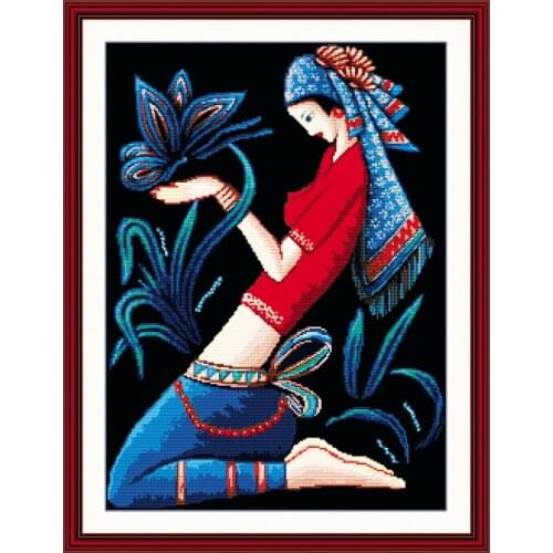 Chinese Yunnan cross stitch beauty pattern black canvas DMC color 18ct 14ct 11ct embroidery DIY handmade needlework craft