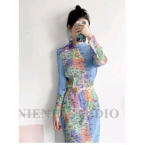 HOT SELLING Miyake fold fashion long sleeve stand collar T-shirts + long skirt Earth map print two-piece suit IN STOCK