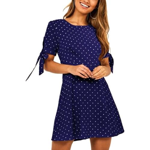 Cute Style Dress With Bow Deco Short Sleeve Polka Dot Dress Sukienka Chiffon Round Neck A Word Temperament Lady Mini Dress Women
