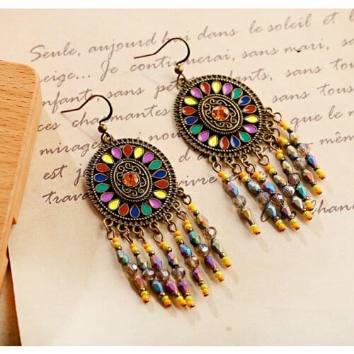Fashion Ethnic Style Earrings Vintage Gold Color Round Geometric Pattern Alloy Pendant Color Rice Bead Tassel Chain Earrings