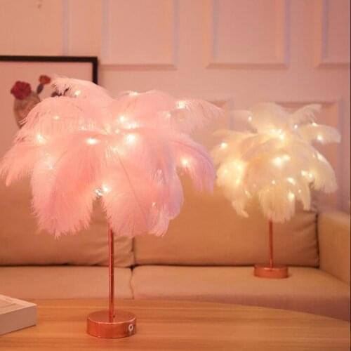 Night Light Table Lamp Bedroom Nordic DIY Natural Ostrich Feather Study Living Room Office Home Decoration LED Lamp Holiday Gift