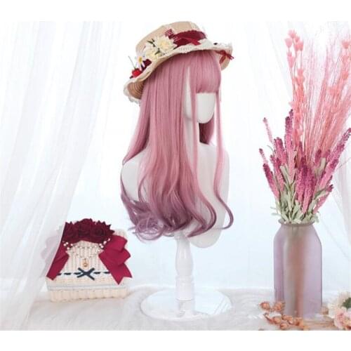 Pink Lolita Wig Long Cosplay Wigs With Bangs For Women Wavy Wigs Synthetic Hair D721