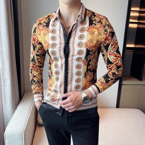 Gold Print Men Shirt Casual Flower Shirt Men British Long Sleeve Luxury Palace Slim Shirt Social Club Outfits Camisa Masculina