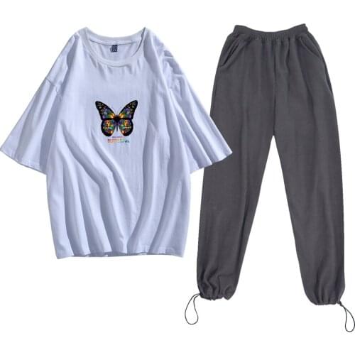 Oversize Casual Loose Joggers Pant Harajuku Butterfly Tshirt Cotton Fashion Cute Sweatpants Vintage Unisex Goth Half Sleeve Tees