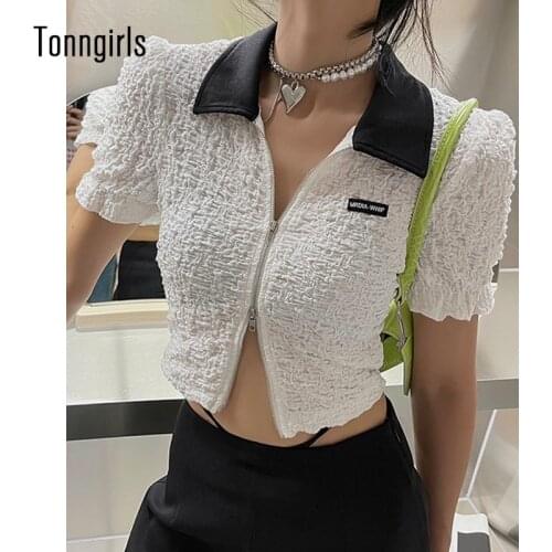 Tonngirls Women Polo T-shirt Short Sleeve Casual Polo Crop Top Slim White Tee Shirt Femme Streetwear Tshirt Female Summer Tops