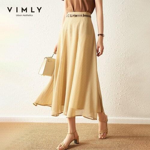 Vimly Midi Skirt for Women 2021 Summer New High Waist Slim Plaid Chiffon A-line Loose Skirts Elegant Womens Sundress F8125