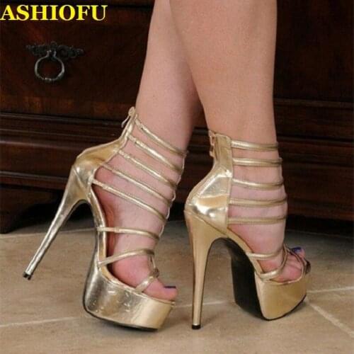 ASHIOFU New Arrival Handmade Ladies High Heel Sandals Thin-striped Club Party Shoes Platform Evening Dance Fashion Sandals Shoes