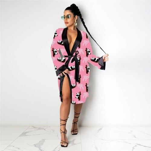 SSEURAT Cartoon Cardigan Long Sleeve Midi Bandage Dress Money Pajamas Fall Clothes for Women 2021 Fashion Sexy Lounge Wear