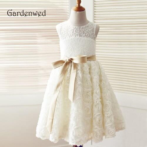 Gardenwed 2019 Lace Bodice Champagne Satin Belt Full Rose Skirt A line Cute girls birthday wedding dress kids gowns