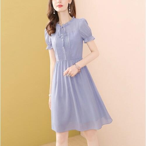 Blue Puff Sleeve Elegant Dresses Bow Ruffle Pleat Button Women Summer Dress High Waist Solid Chiffon Sweet Dress 2021