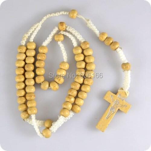 12pcs White wood Rosary Beads INRI JESUS Cross Pendant Necklace Catholic Fashion Religious jewelry Wholesale