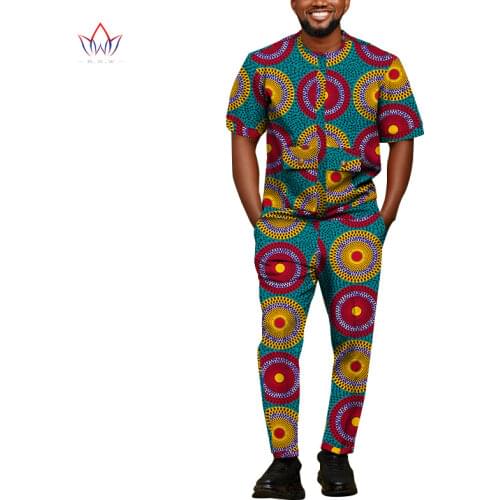 2021 African Clothes for Men 2 Piece Sets Short Sleeve O-neck Shirt with Pocket and Slim Pants Dashiki Mens Suits Print WYN1456