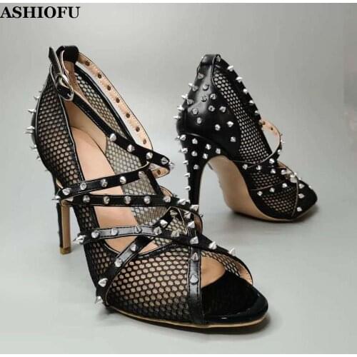 ASHIOFU New Ladies High Heels Sandals Air-mesh Peep-toe Party Prom Shoes Rivets Spikes Plus Size Summer Fashion Sandal Shoes