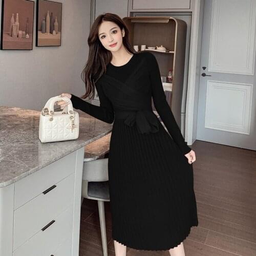 One-Piece Women Autumn Winter French Elegant Fashion Lace-Up Knitted Dress Korean Casual Female Pleated Sweater Dresses Vestidos