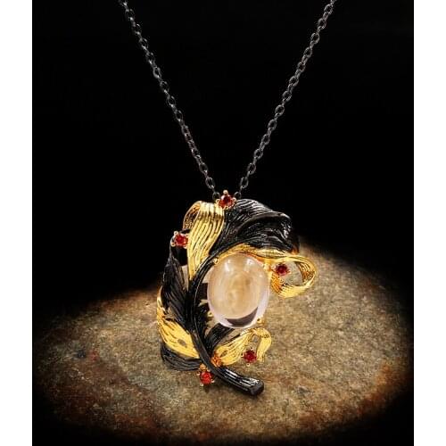 CHARLINLIOL Vintage Jewelry Black Gold Topaz Choker for Women Real 925 Sterling Silver Clavicle Chain Leaf Pendant Necklace