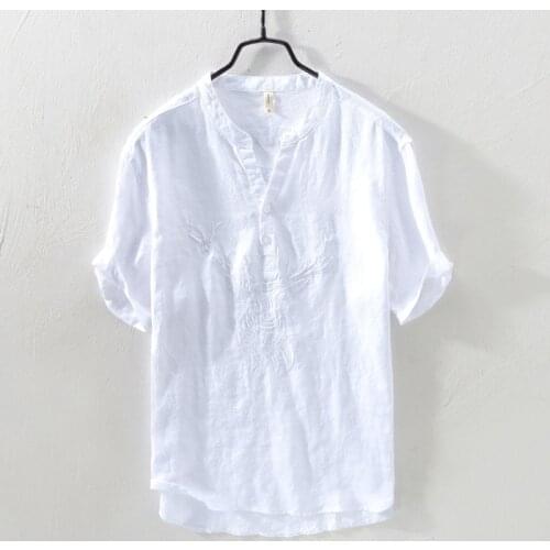 Pure Linen Shirts Men Pullover Emboriderd Short Sleeve Mandarin Collars Casual Shirt Man Summer 100% Flax Dress Shirt TS-410