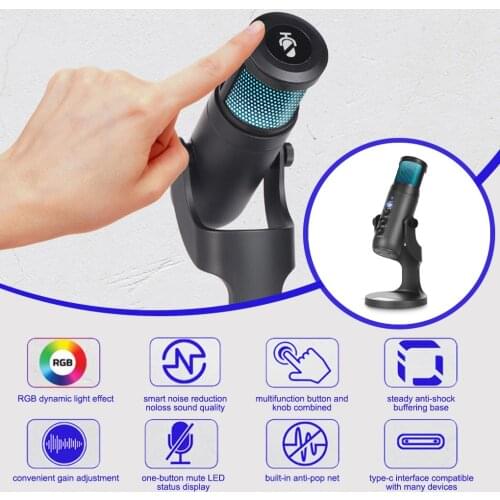 Gaming Microphone Stand USB Live Streaming RGB Light Condenser Type-C Professional Mute for Recording PC Computer Chat