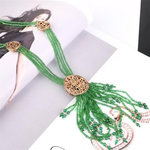 Graceful Long Layers Tassel Crystal Beads Necklace Women Vintage Sweater Chain 2021 Ethnic Simple Red Green Jewelry Accessories