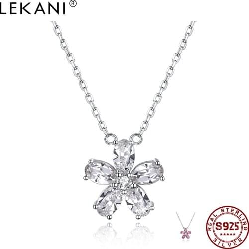 LEKANI 925 Sterling Silver Pendant Necklaces Women Flower Shape Austria Crystal And 5A Clear Cubic Zirconia Simple Necklace New