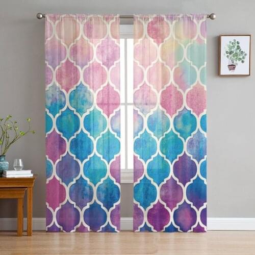 Morocco Plaid Colorful Tulle Curtains for Living Room Bedroom Decor Chiffon Sheer Voile Kitchen Window Curtain